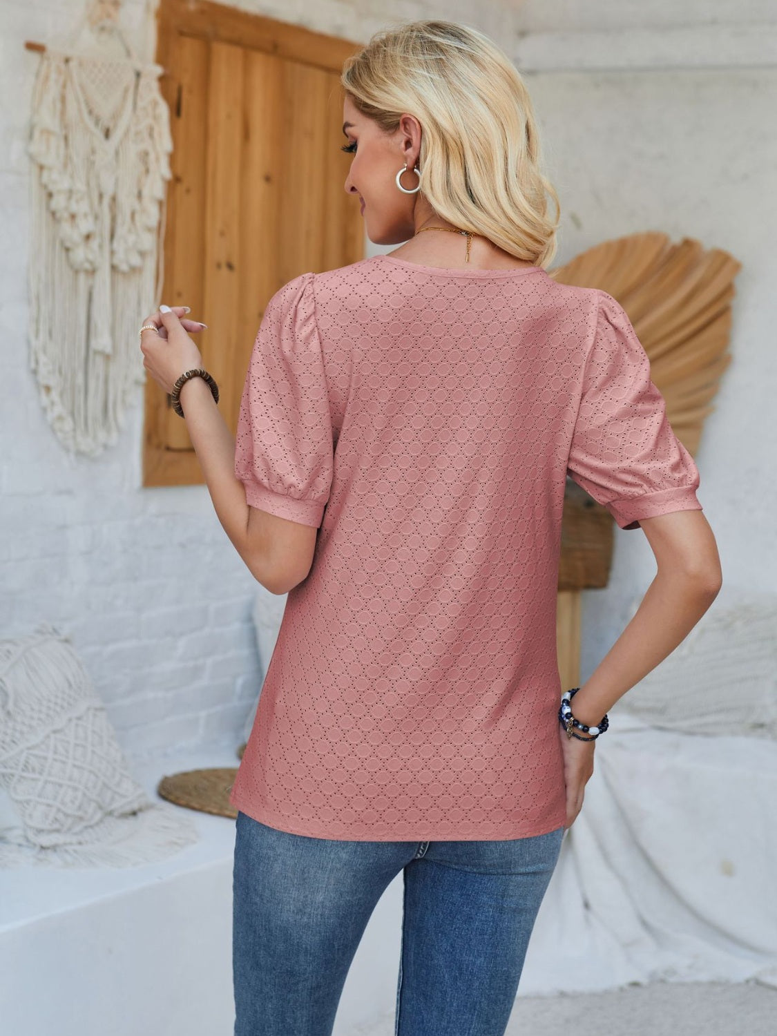 Eyelet Asymmetrical Neck Short Sleeve T-Shirt - Tantalize Boutique