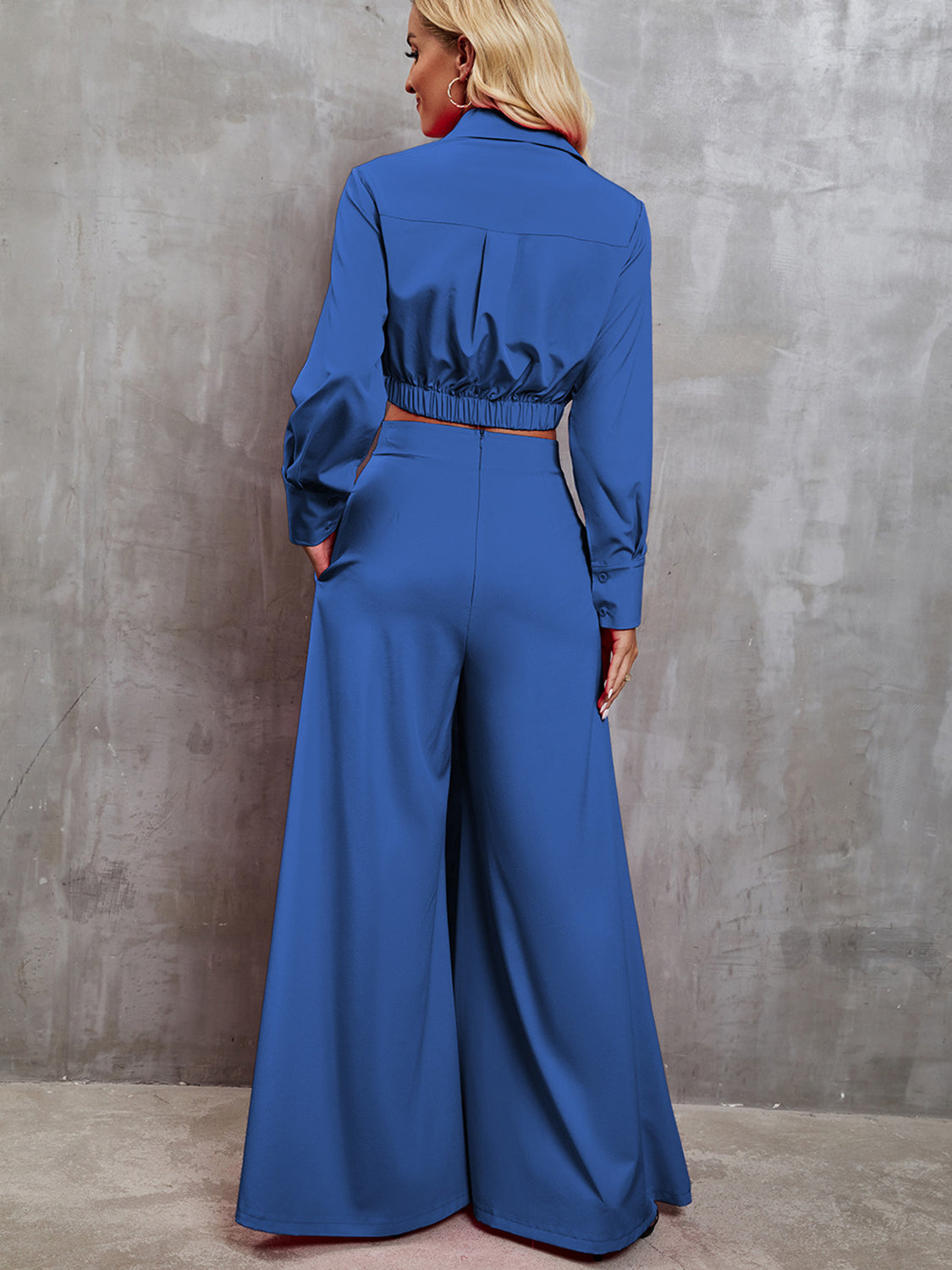 Collared Neck Long Sleeve Top and Wide Leg Pants Set - Tantalize Boutique