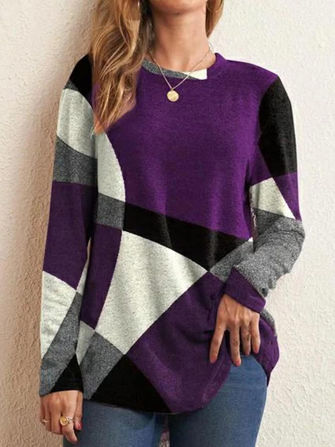 Geometric Round Neck Long Sleeve T-Shirt - Tantalize Boutique