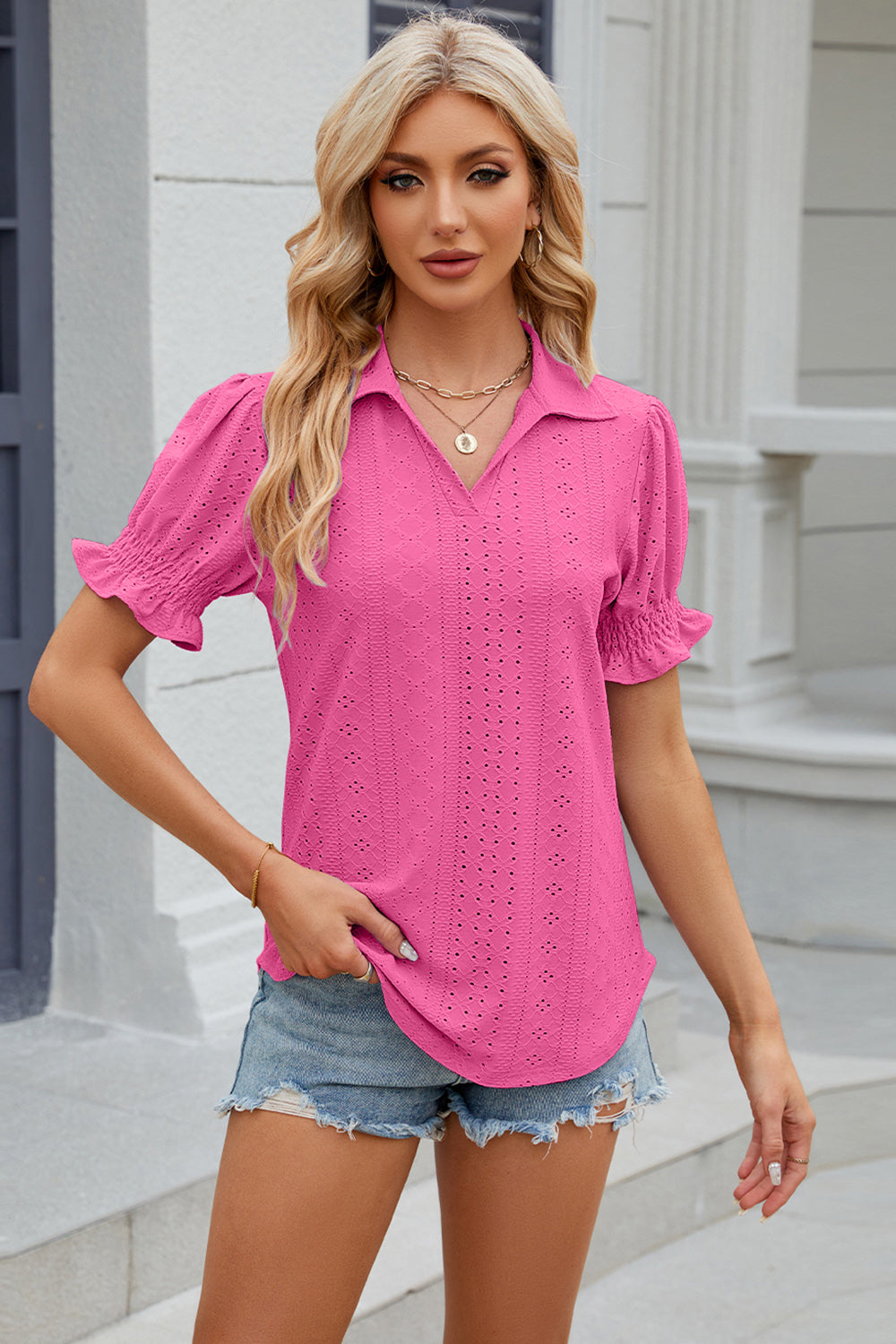 Eyelet Johnny Collar Short Sleeve Blouse - Tantalize Boutique