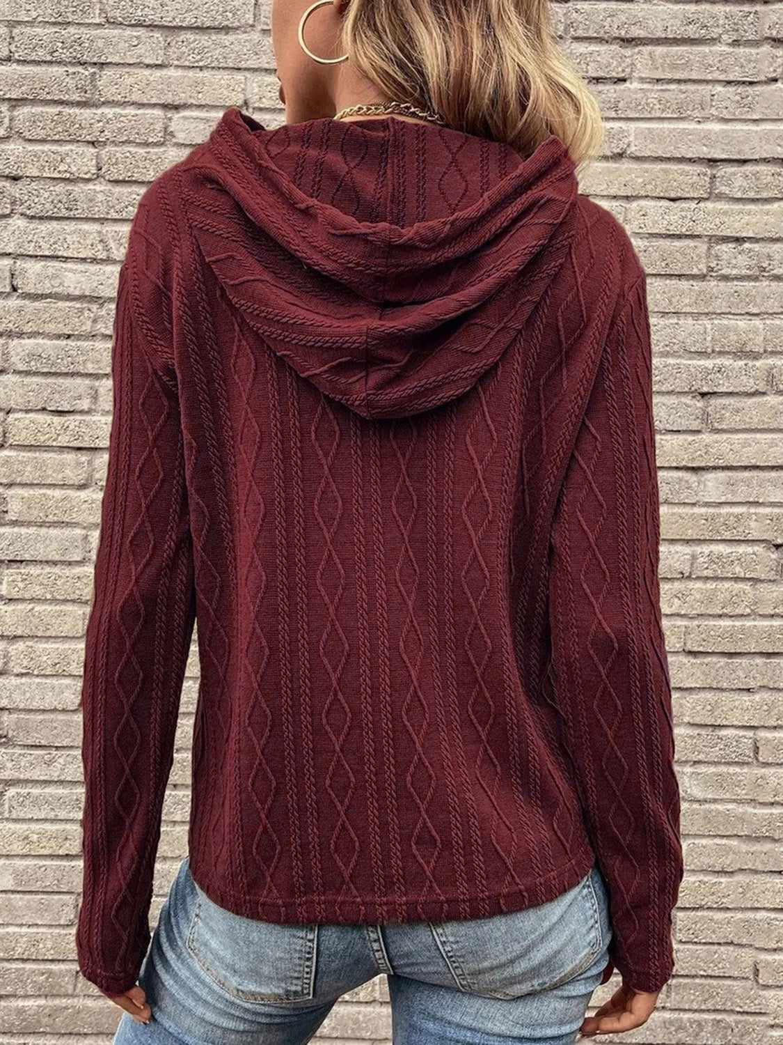 Cable-Knit Drawstring Hooded Knit Top - Tantalize Boutique