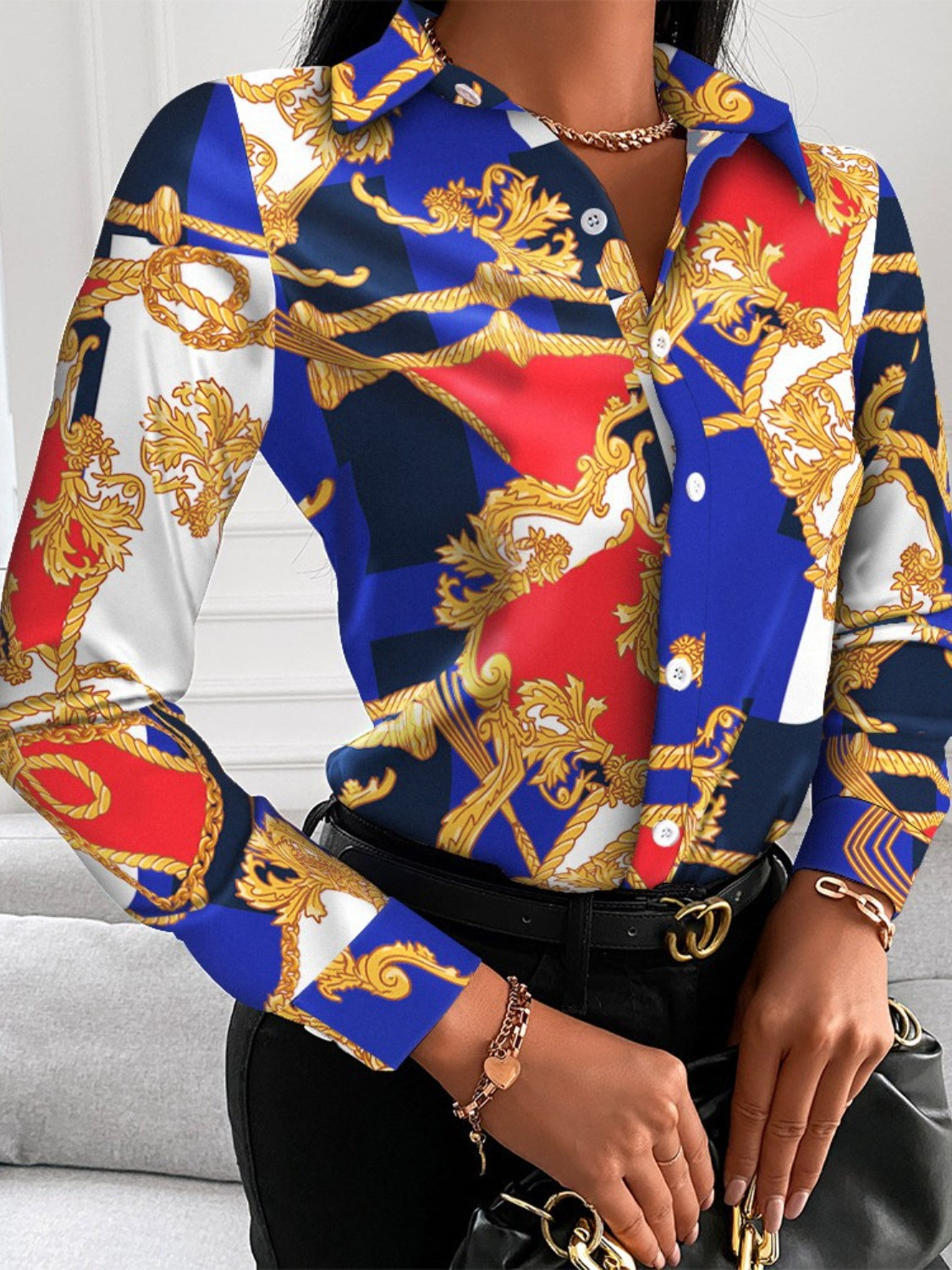 Printed Collared Neck Long Sleeve Shirt - Tantalize Boutique