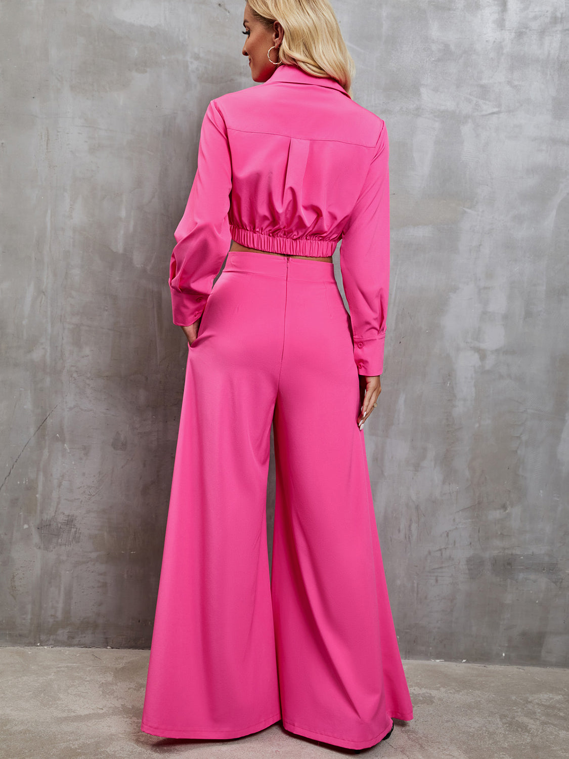 Collared Neck Long Sleeve Top and Wide Leg Pants Set - Tantalize Boutique