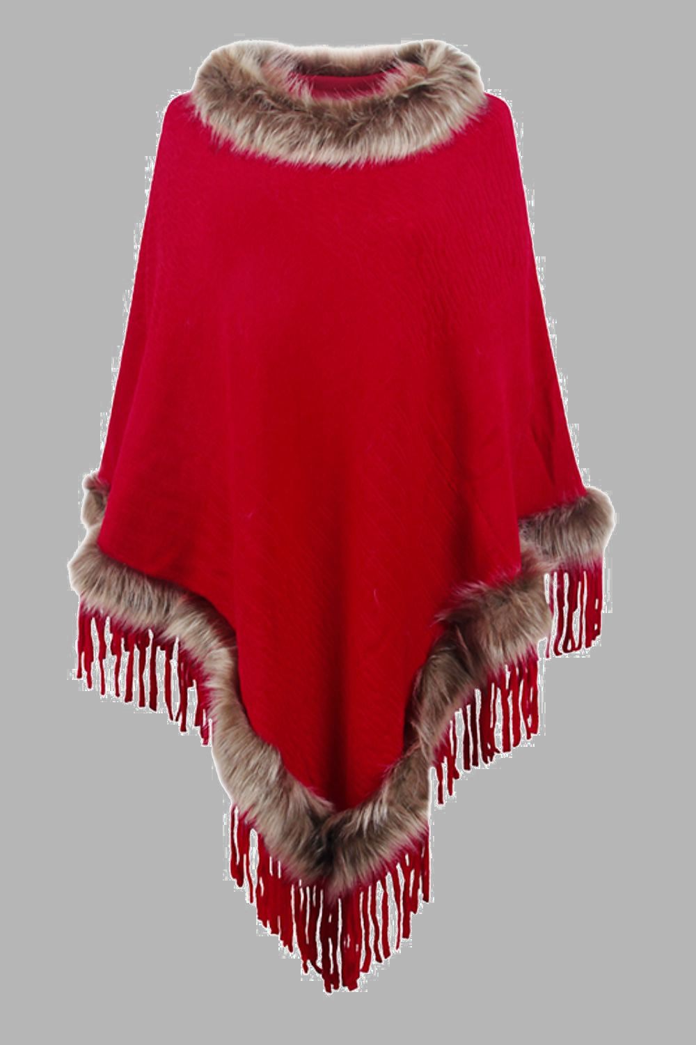 Faux Fur Trim Fringed Poncho - Tantalize Boutique