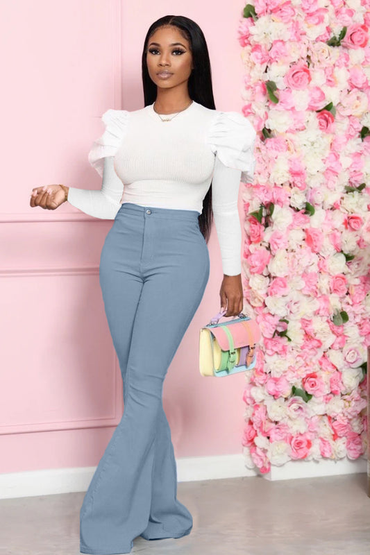 Leg-Of-Mutton Sleeve Top and Flare Pants Set - Tantalize Boutique
