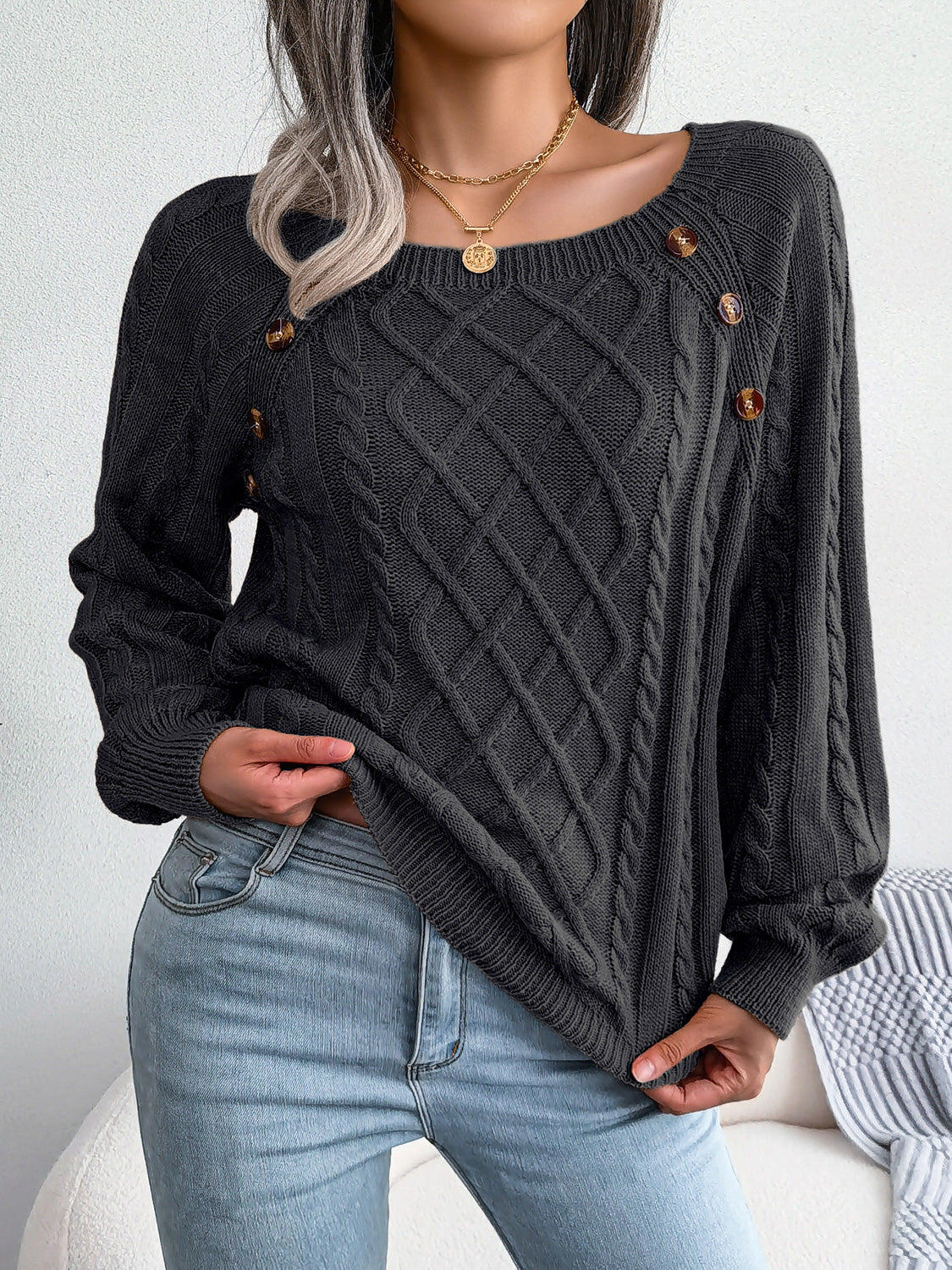 Decorative Button Cable-Knit Sweater - Tantalize Boutique