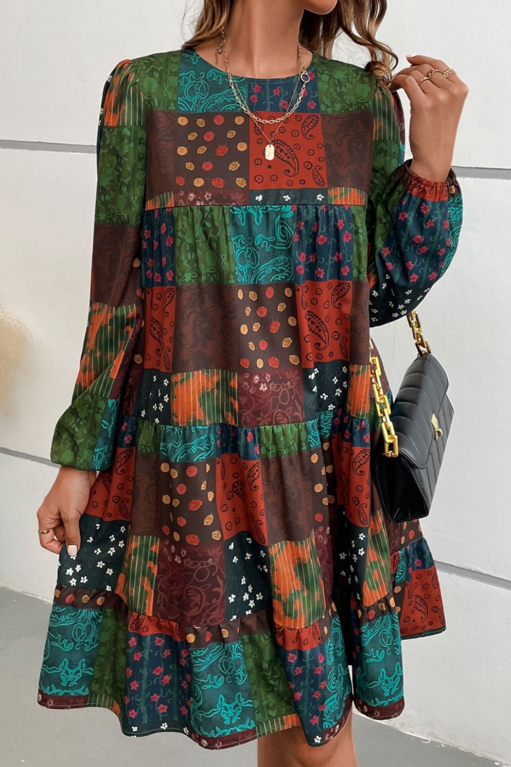 Printed Balloon Sleeve Tiered Dress - Tantalize Boutique