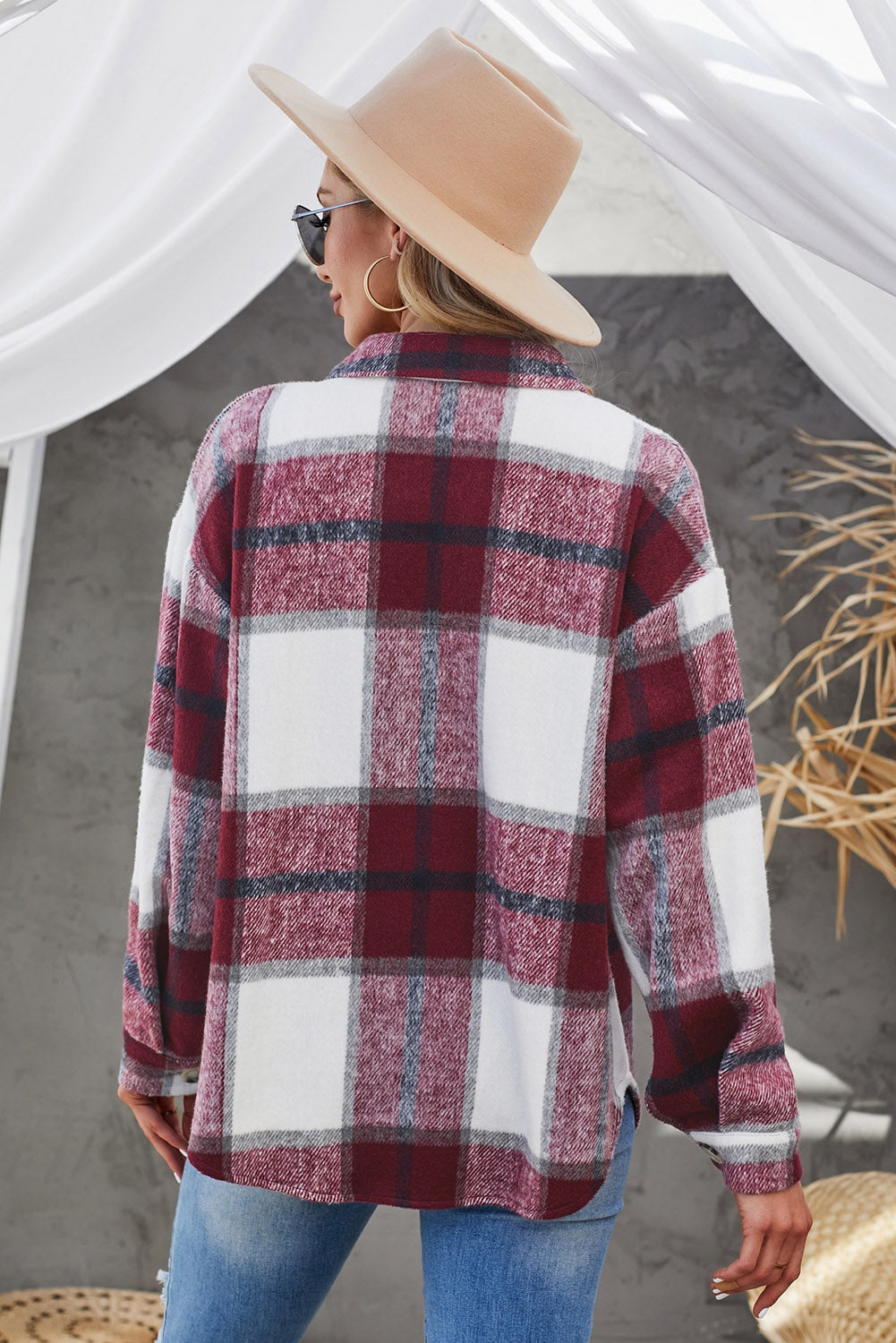 Plaid Button Up Dropped Shoulder Jacket - Tantalize Boutique