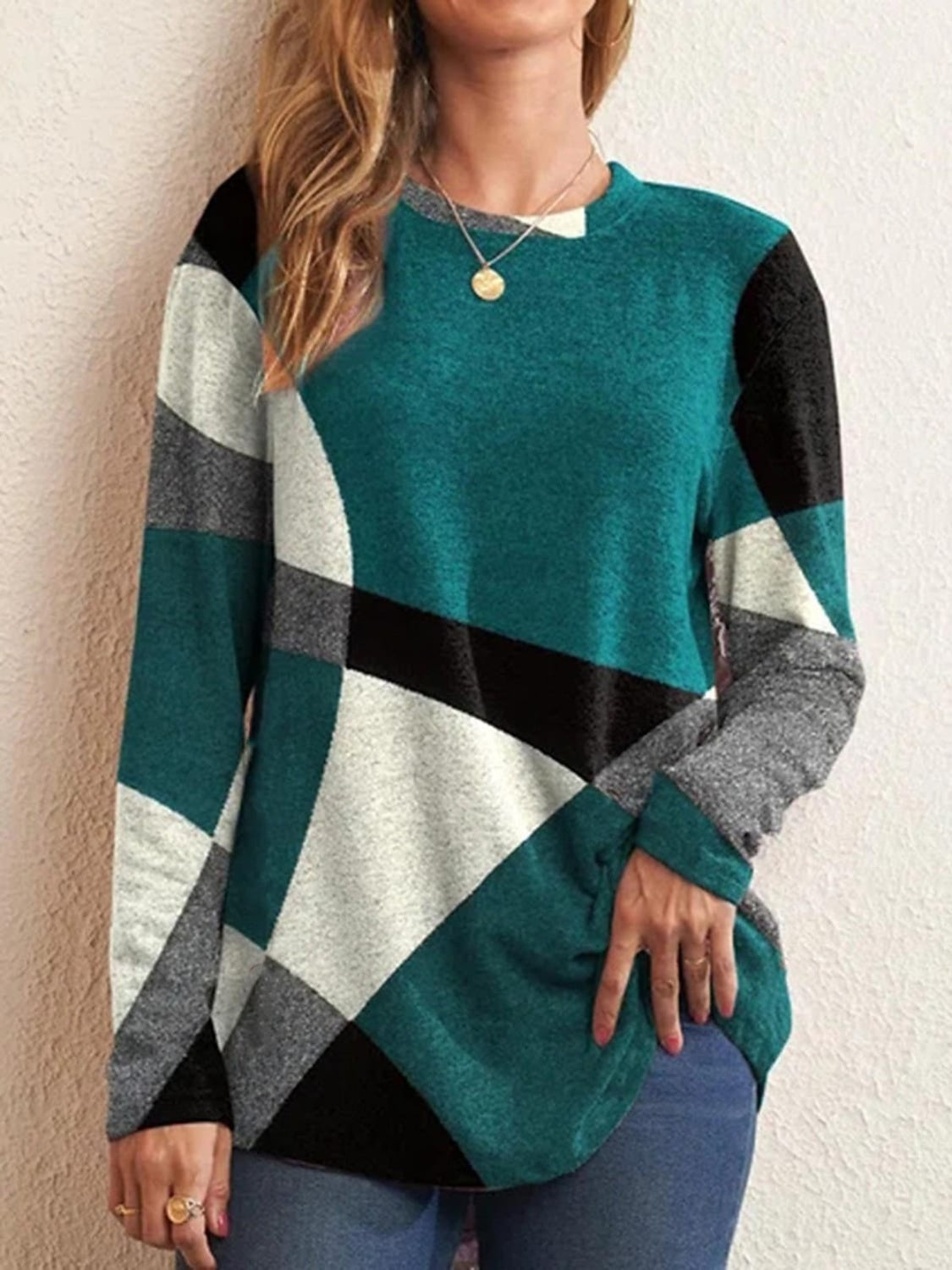 Geometric Round Neck Long Sleeve T-Shirt - Tantalize Boutique