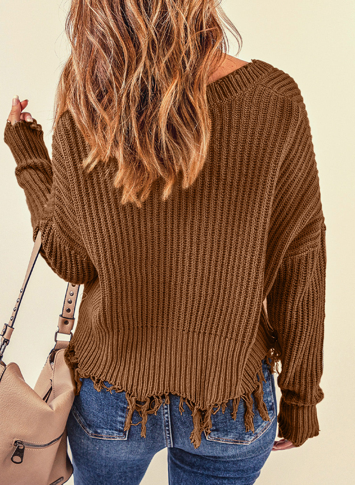 Fringe V-Neck Dropped Shoulder Sweater - Tantalize Boutique