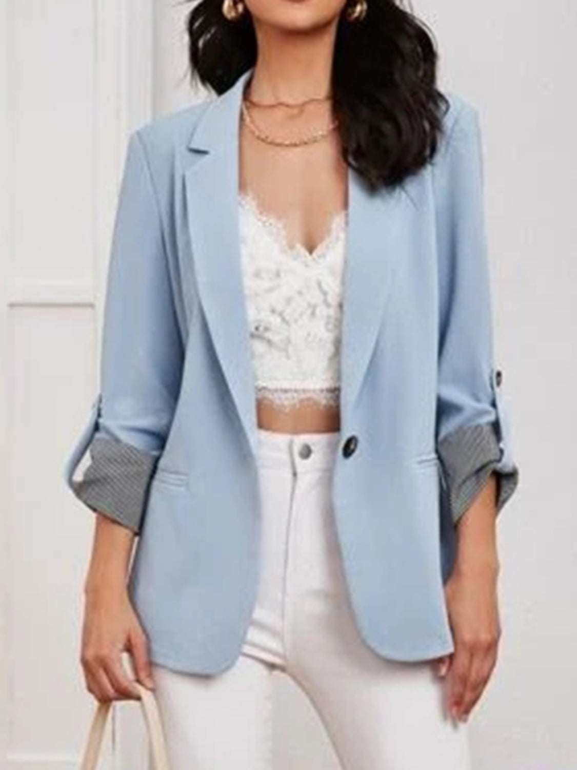 Lapel Collar Roll-Tab Sleeve Blazer - Tantalize Boutique