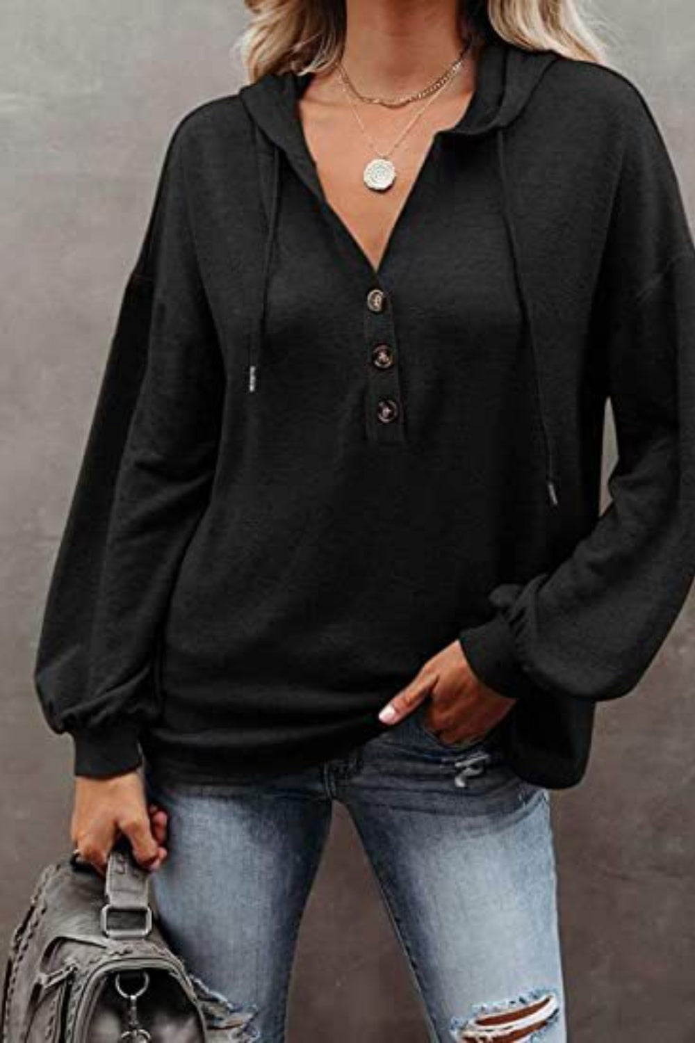 Buttoned Drop Shoulder Hoodie - Tantalize Boutique
