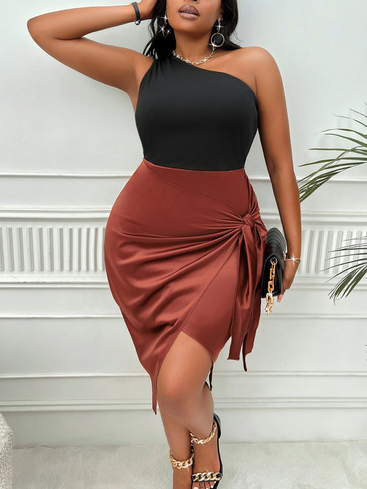 Plus Size One-Shoulder Sleeveless Tied Dress - Tantalize Boutique