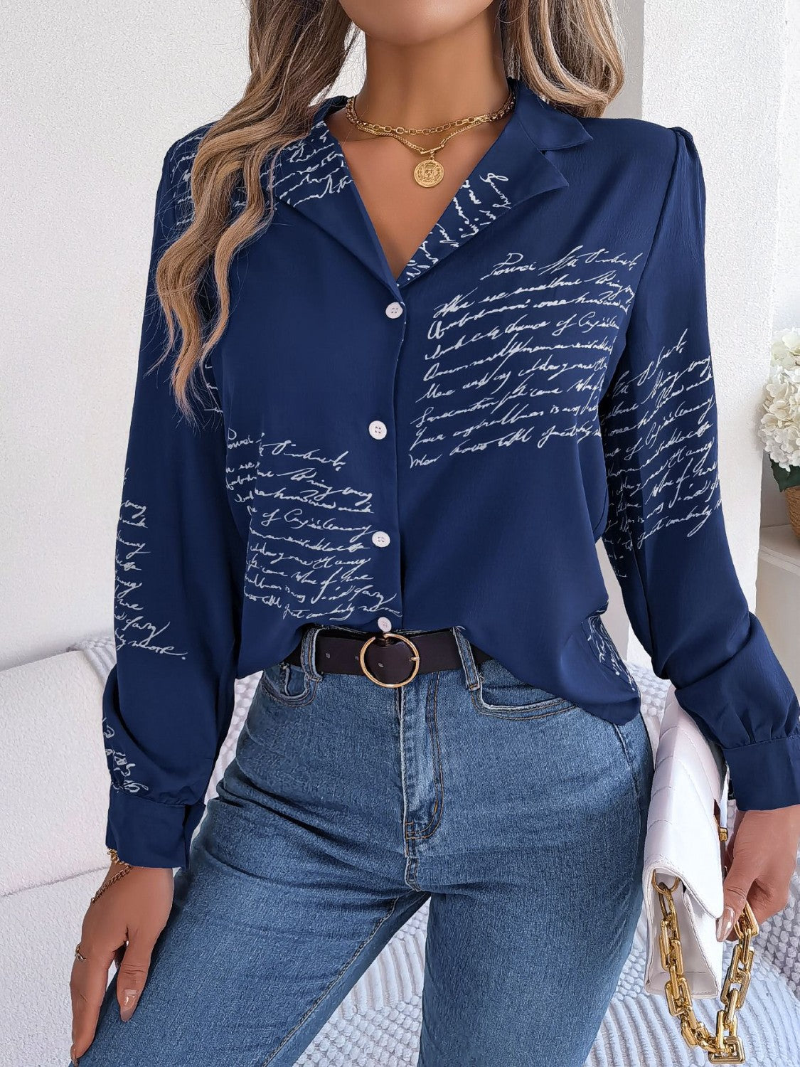 Letter Printed Button Up Long Sleeve Blouse - Tantalize Boutique
