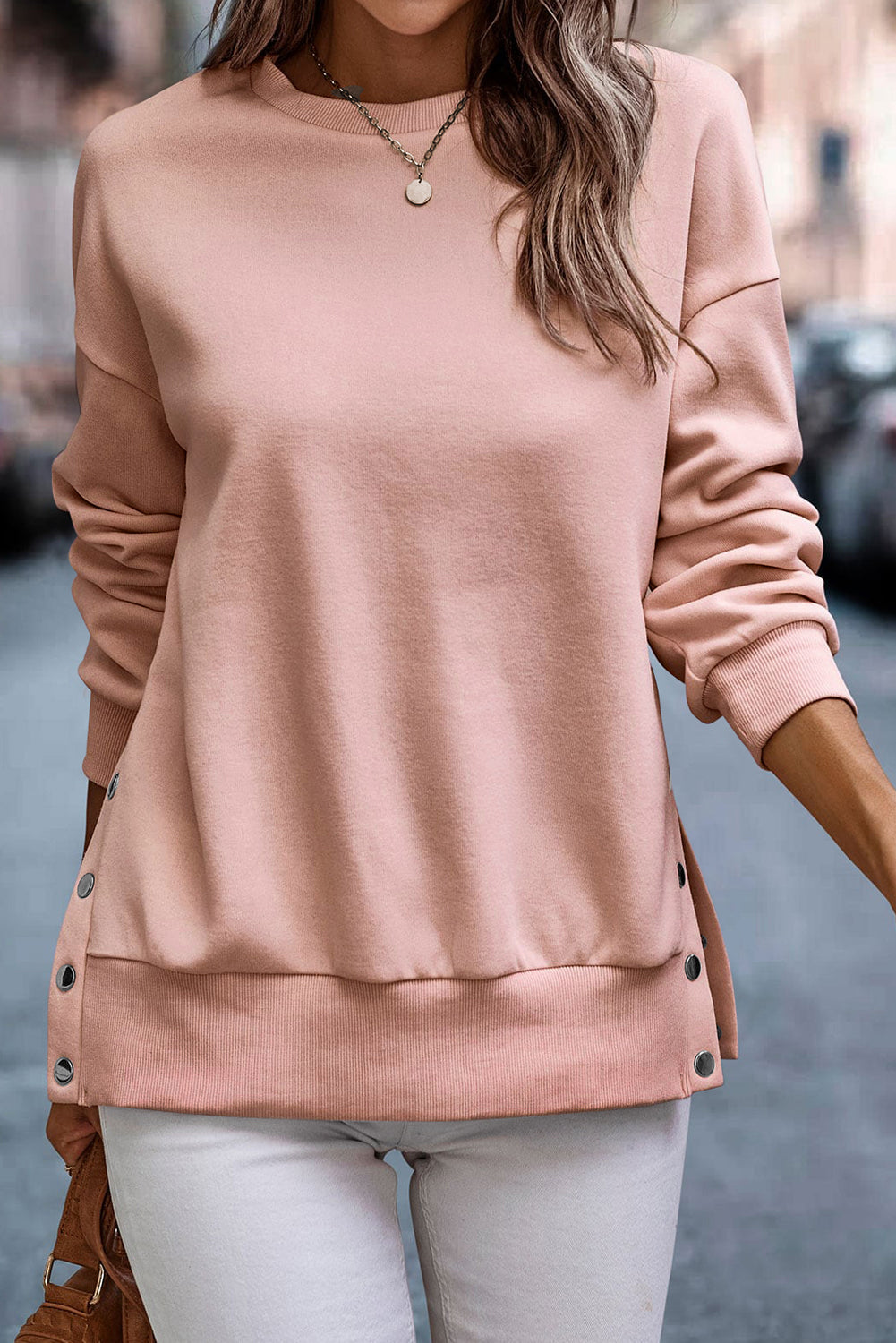 Snap Detail Round Neck Dropped Shoulder Sweatshirt - Tantalize Boutique