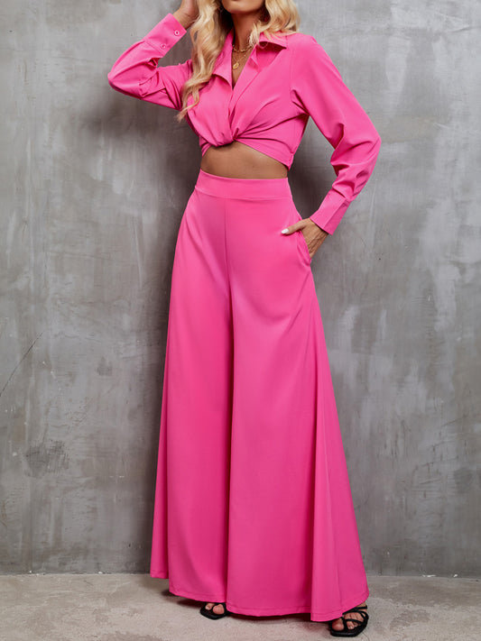 Collared Neck Long Sleeve Top and Wide Leg Pants Set - Tantalize Boutique