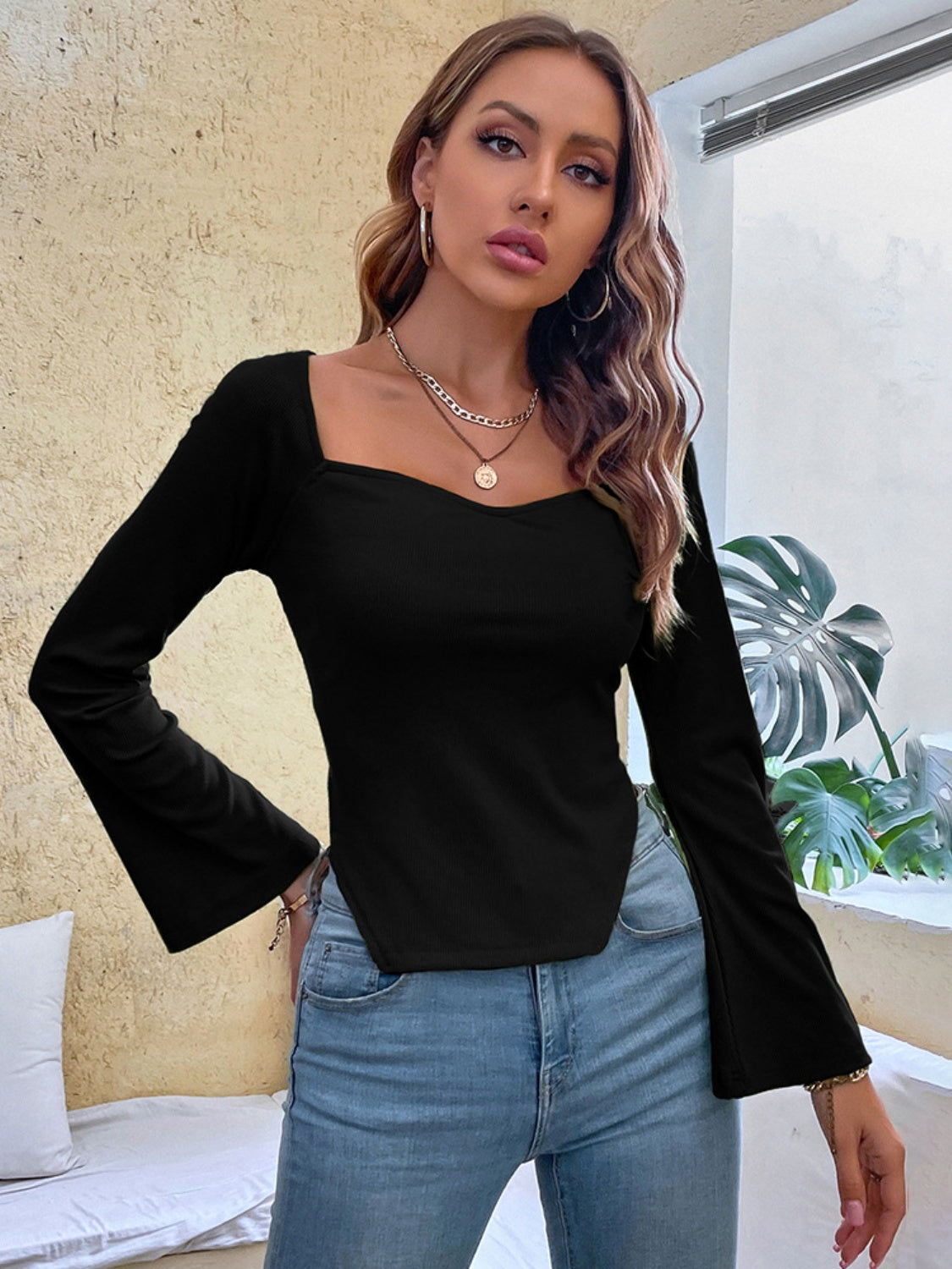 Slit Sweetheart Neck Flare Sleeve T-Shirt - Tantalize Boutique