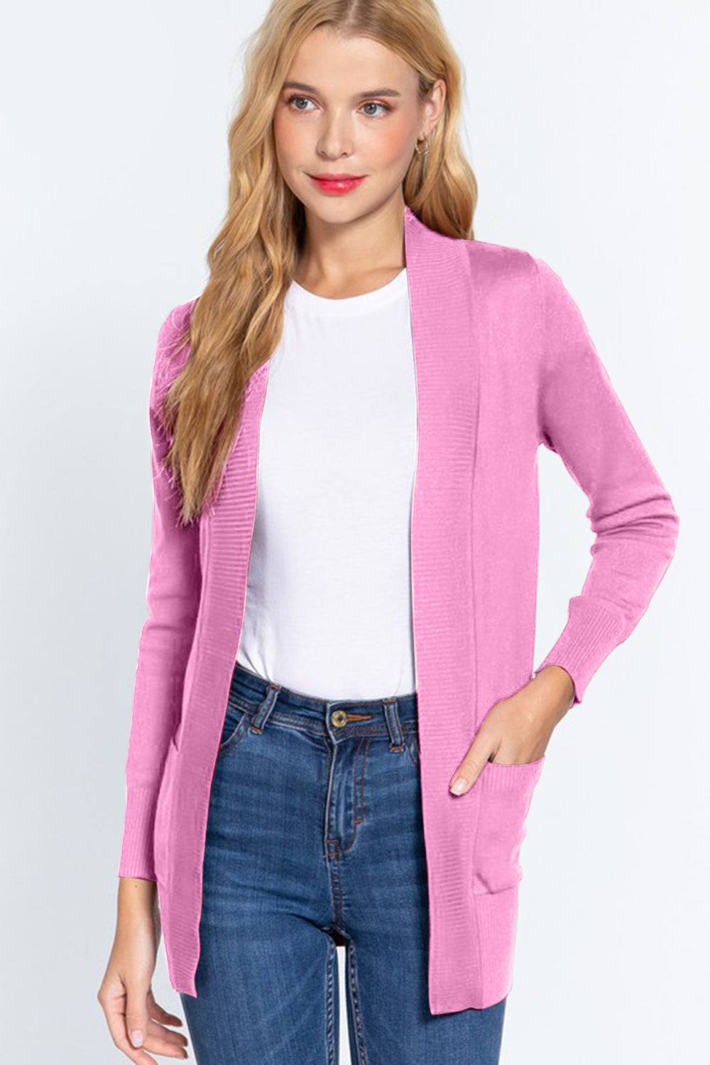 ACTIVE BASIC Ribbed Trim Open Front Cardigan - Tantalize Boutique