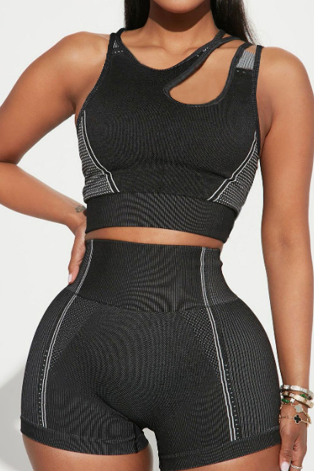 Asymmetrical Neck Striped Tank and Shorts Active Set - Tantalize Boutique