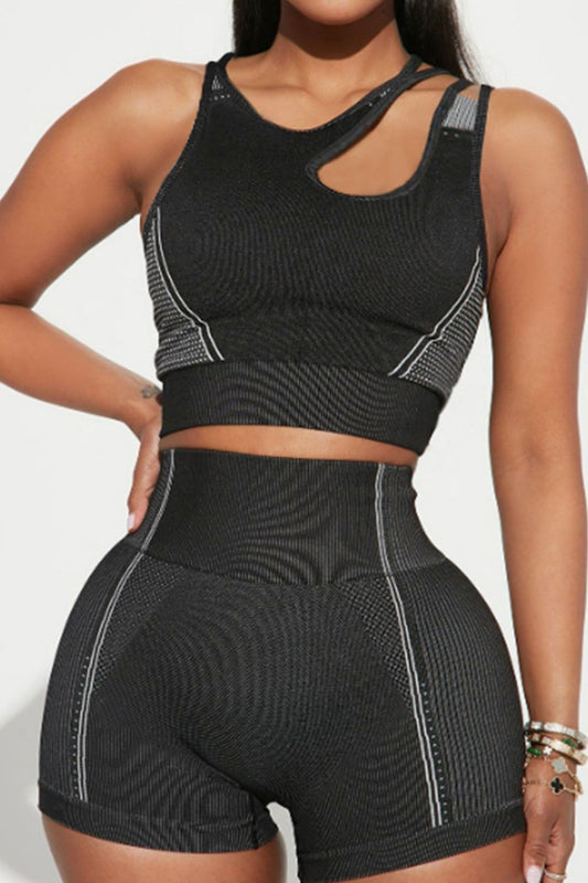Asymmetrical Neck Striped Tank and Shorts Active Set - Tantalize Boutique