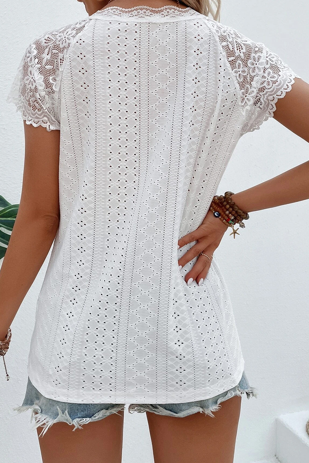 Eyelet Lace Detail V-Neck T-Shirt - Tantalize Boutique