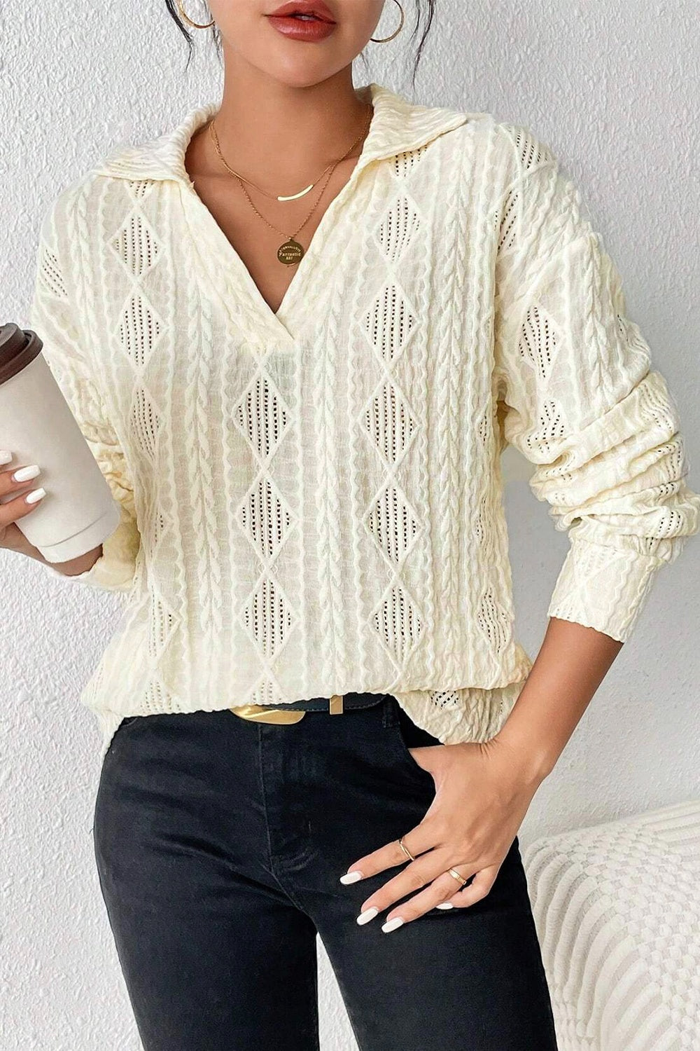 Eyelet Johnny Collar Dropped Shoulder Blouse - Tantalize Boutique