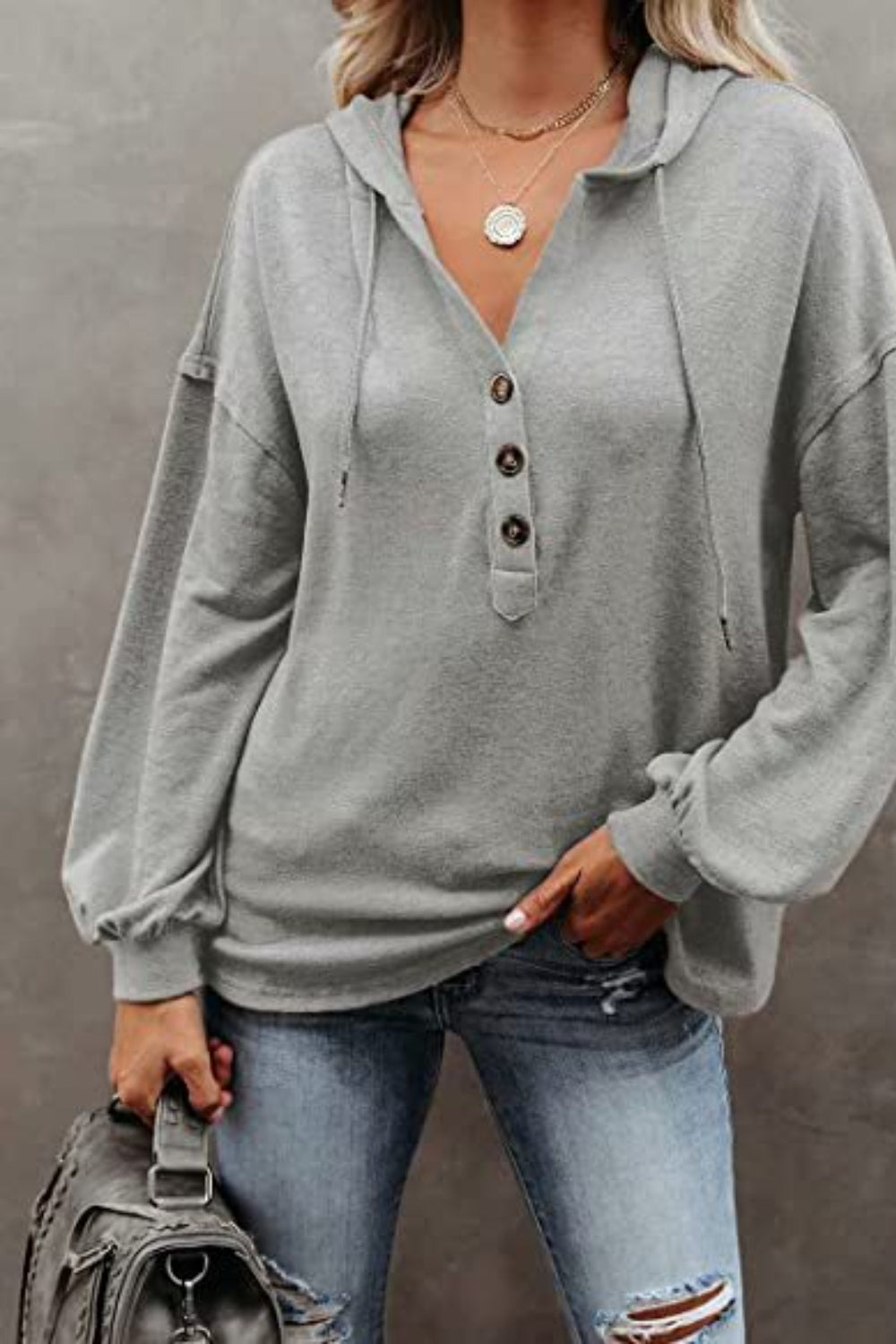 Buttoned Drop Shoulder Hoodie - Tantalize Boutique