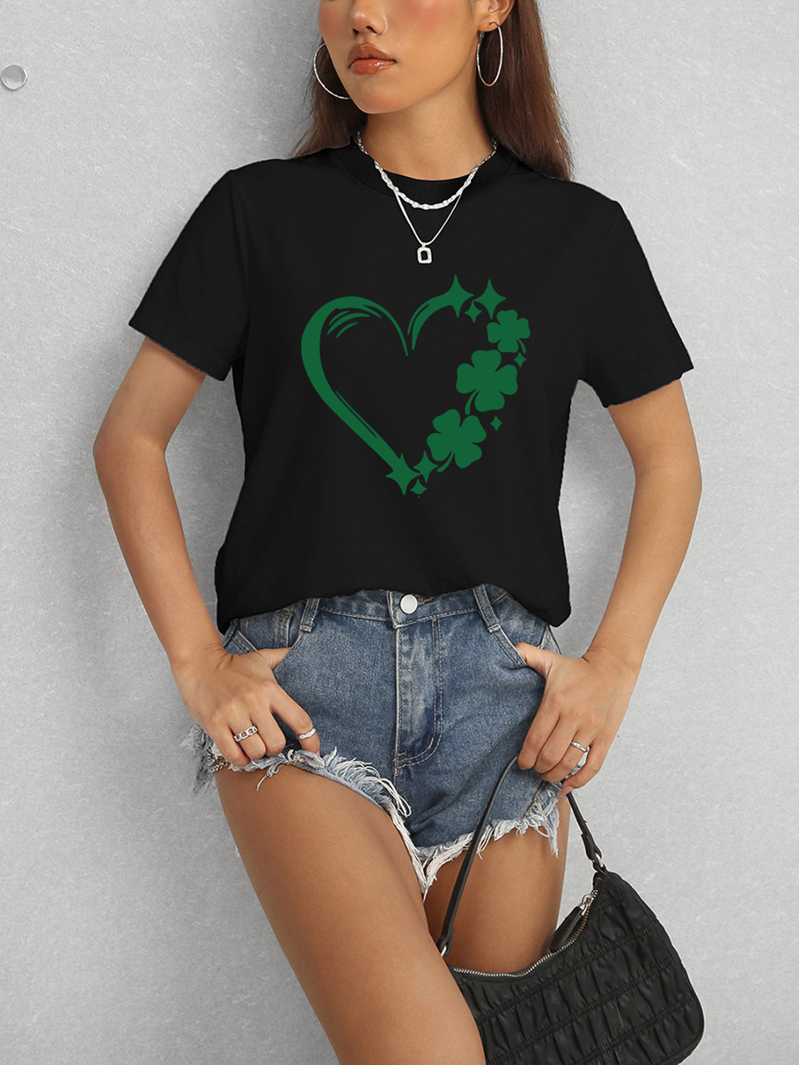 Heart Lucky Clover Round Neck Short Sleeve T-Shirt - Tantalize Boutique