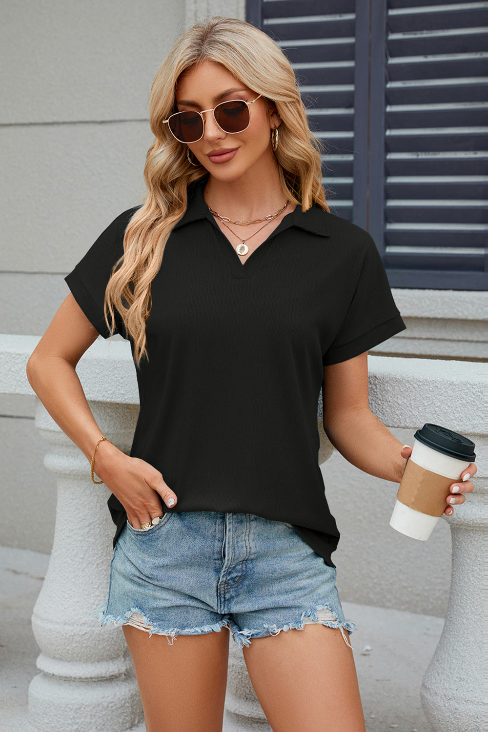 Johnny Collar Short Sleeve Blouse - Tantalize Boutique