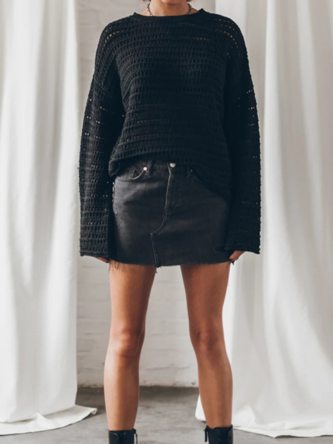 Openwork Round Neck Dropped Shoulder Knit Top - Tantalize Boutique