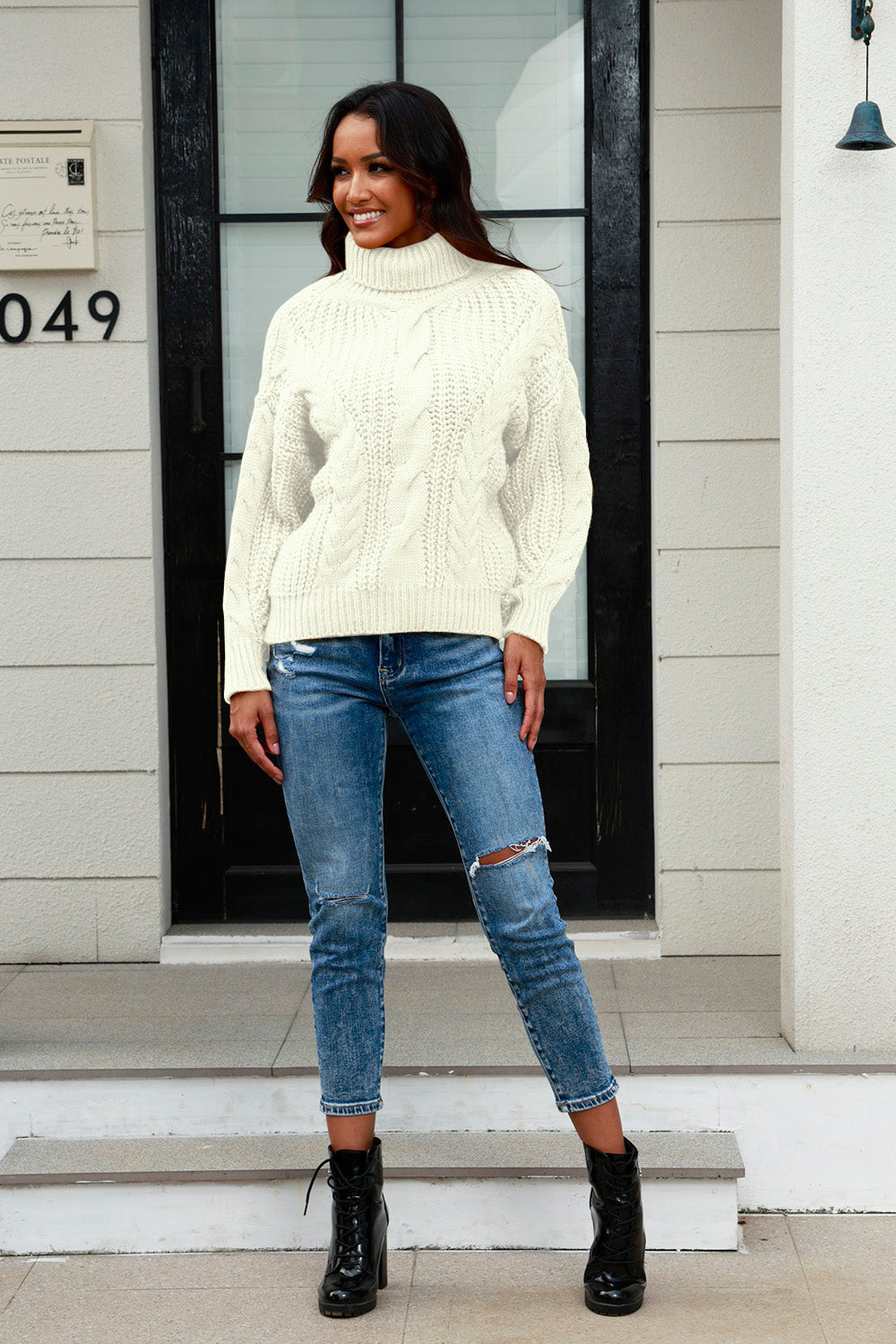 Cable-Knit Turtleneck Long Sleeve Sweater - Tantalize Boutique