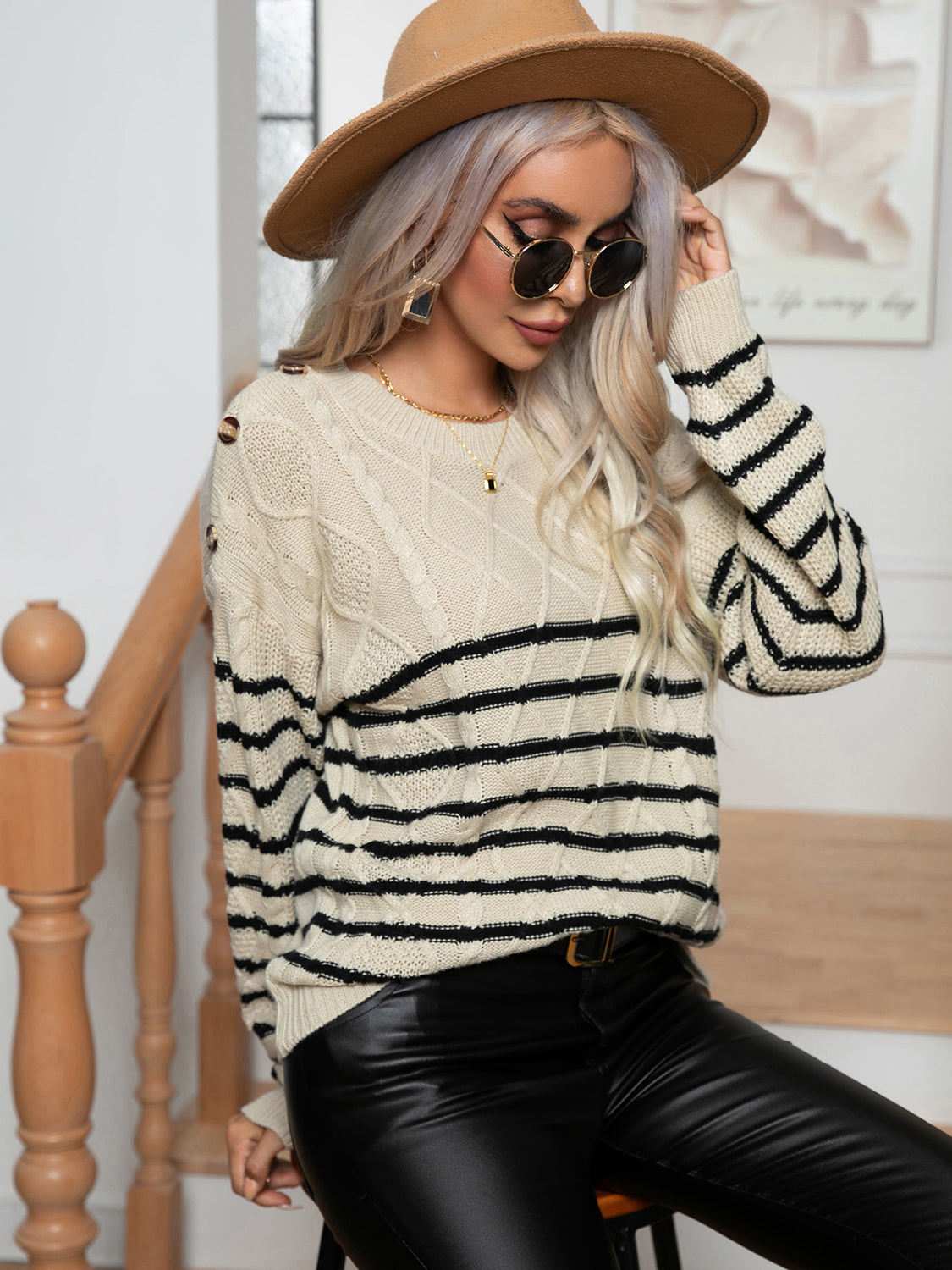 Striped Round Neck Cable-Knit Sweater - Tantalize Boutique