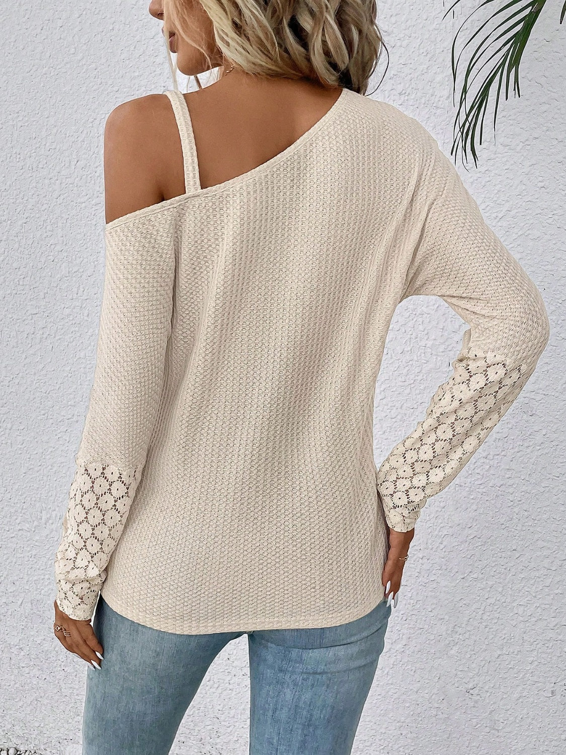 Lace Detail Asymmetrical Neck Long Sleeve T-Shirt - Tantalize Boutique