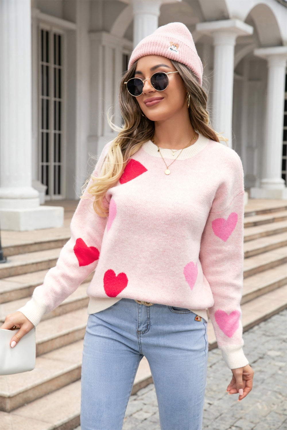 Heart Round Neck Droppped Shoulder Sweater - Tantalize Boutique