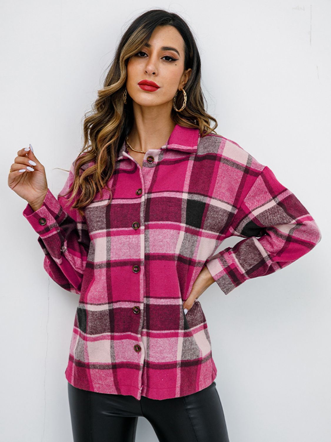 Plaid Button Up Collared Neck Jacket - Tantalize Boutique