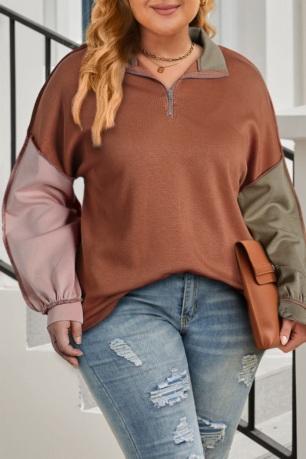 Plus Size Exposed Seam Color Block Quarter Zip Sweatshirt - Tantalize Boutique