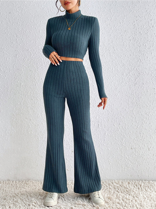 Ribbed Mock Neck Cropped Sweater & High Waist Pants Set - Tantalize Boutique