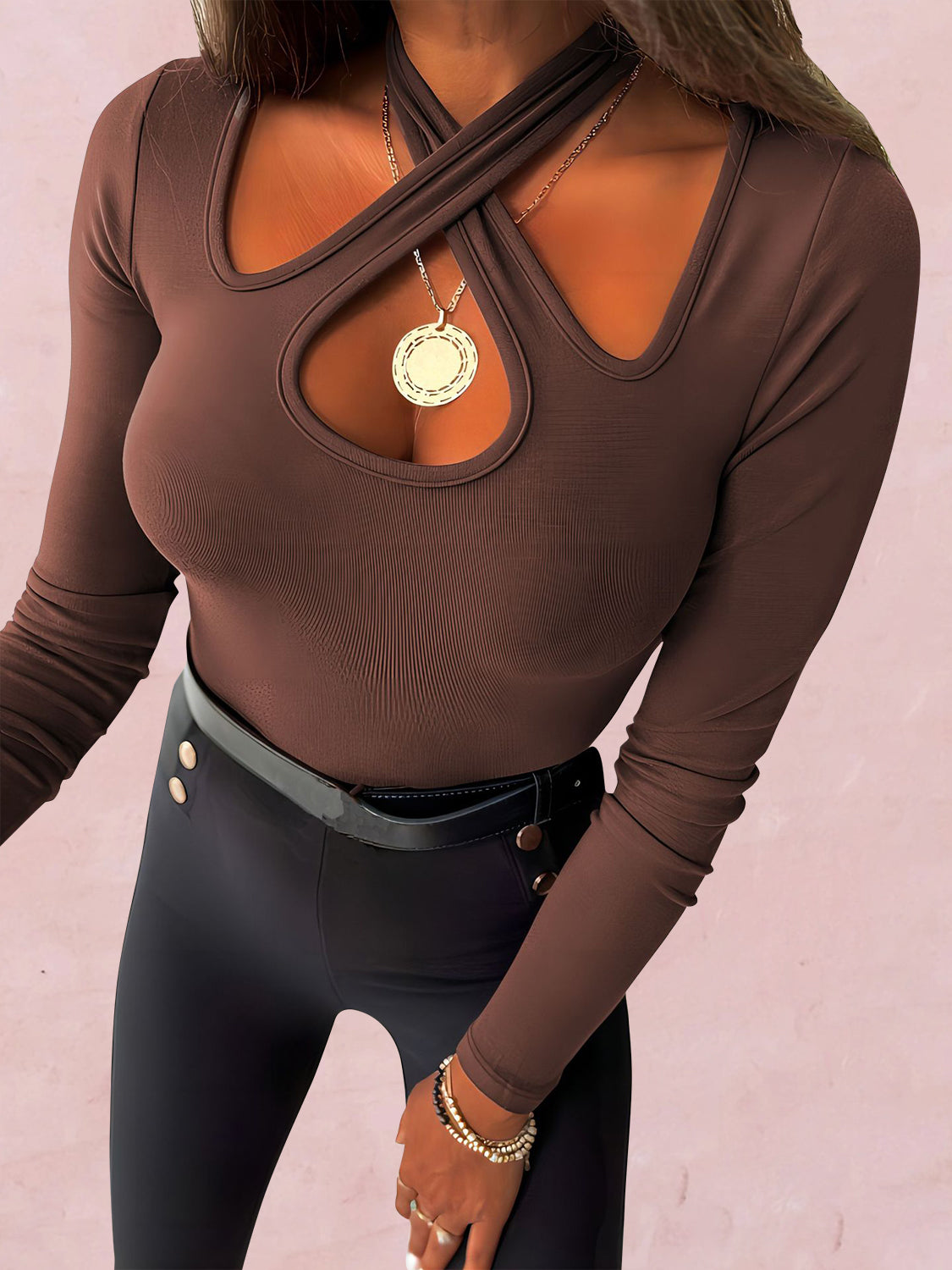 Crisscross Halter Neck Long Sleeve T-Shirt - Tantalize Boutique