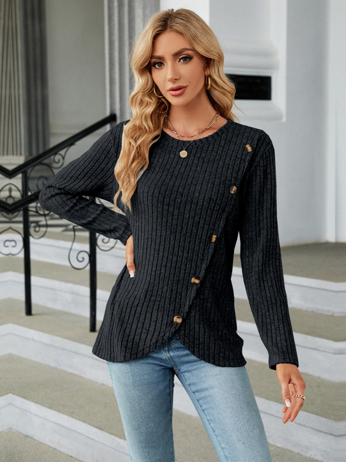 Round Neck Long Sleeve Blouse - Tantalize Boutique