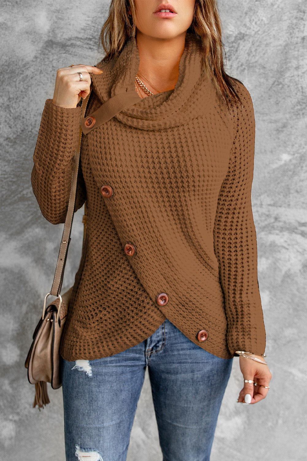 Decorative Button Mock Neck Sweater - Tantalize Boutique