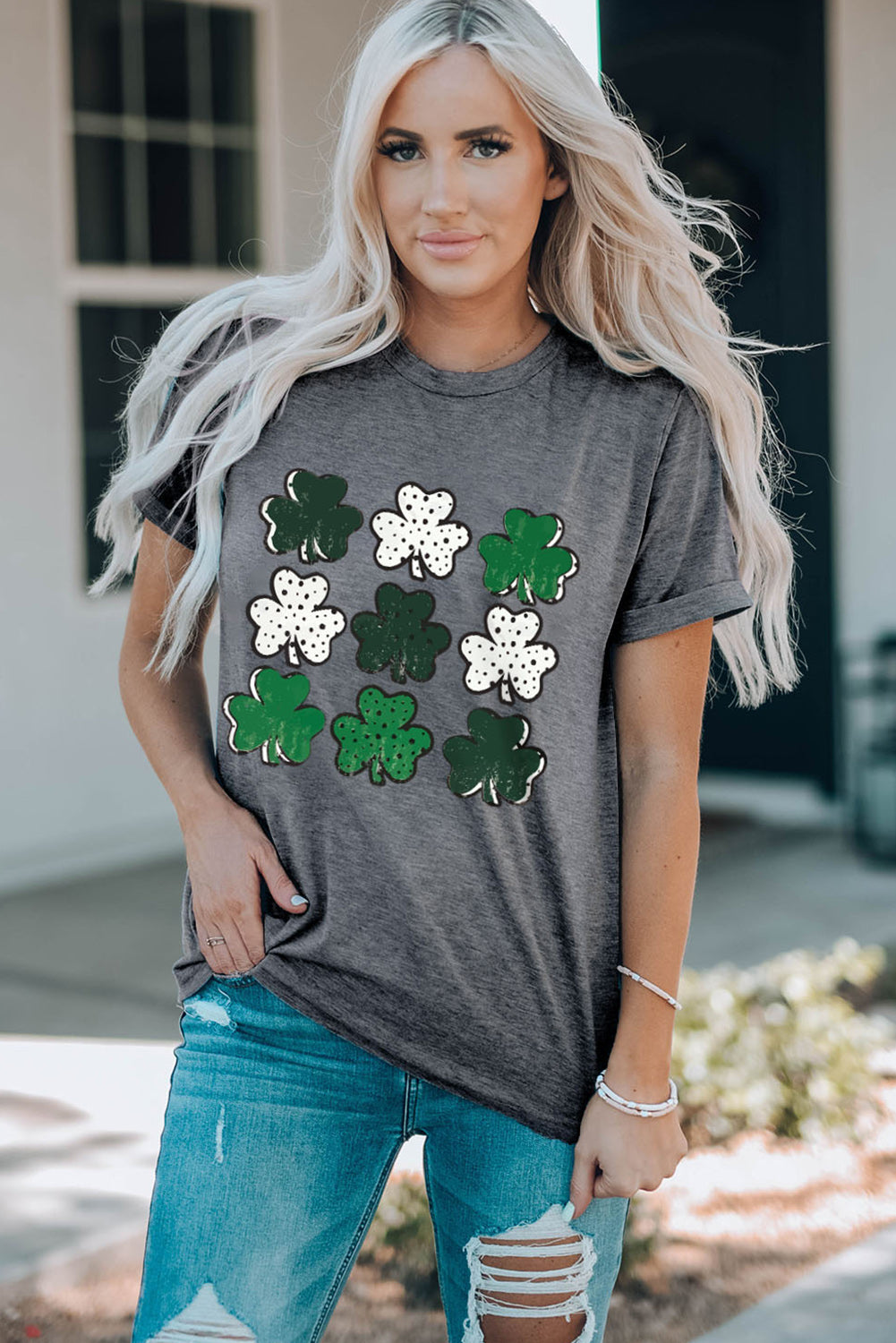 Lucky Clover Round Neck Short Sleeve T-Shirt - Tantalize Boutique