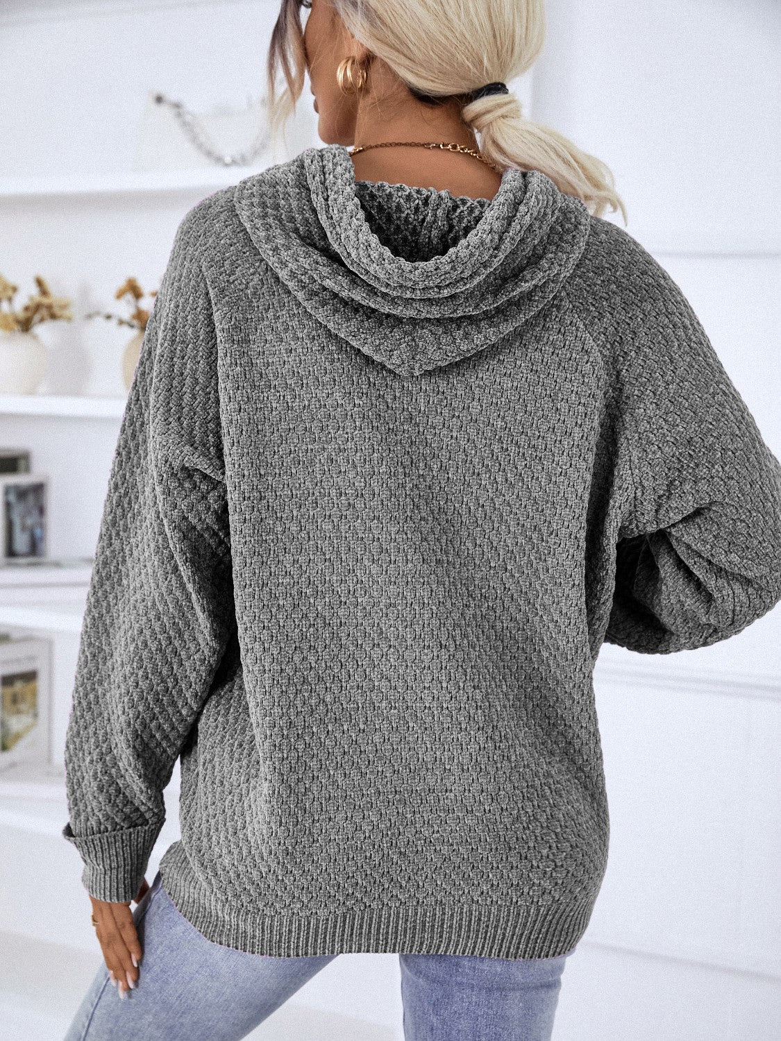 Texture Drawstring Long Sleeve Hooded Sweater - Tantalize Boutique