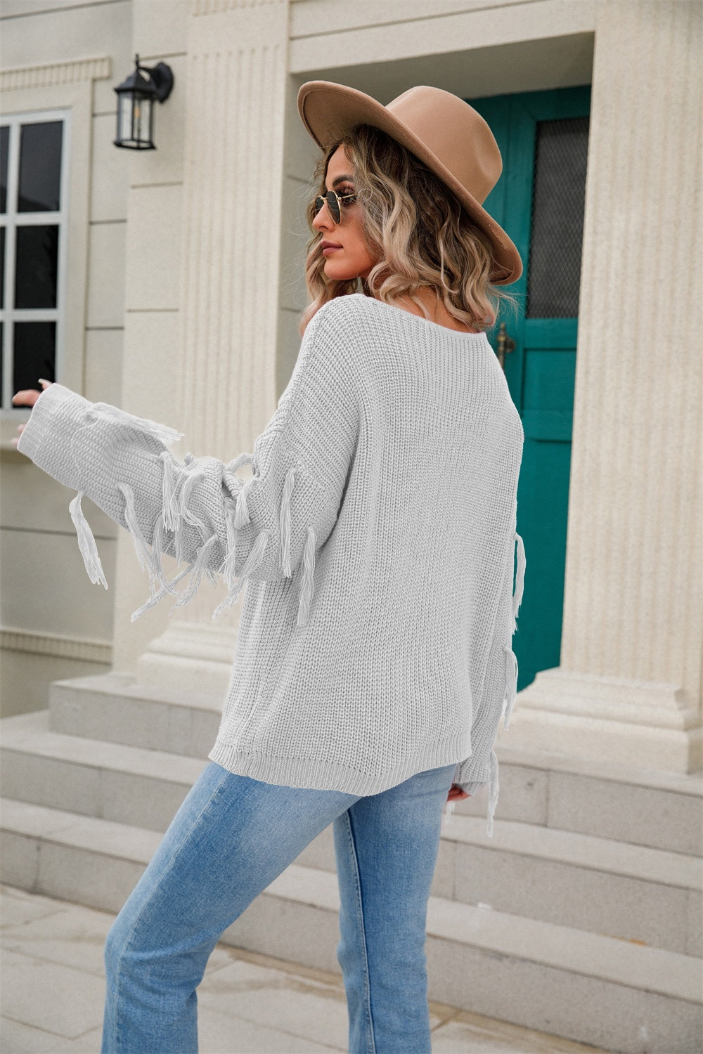 Fringe Round Neck Dropped Shoulder Sweater - Tantalize Boutique