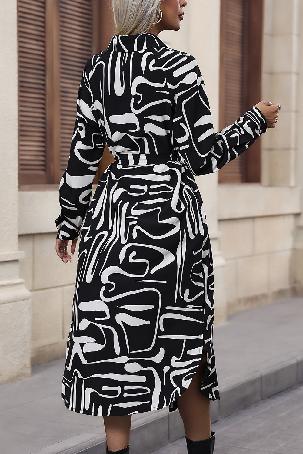 Printed Tie Front Collared Neck Slit Shirt Dress - Tantalize Boutique