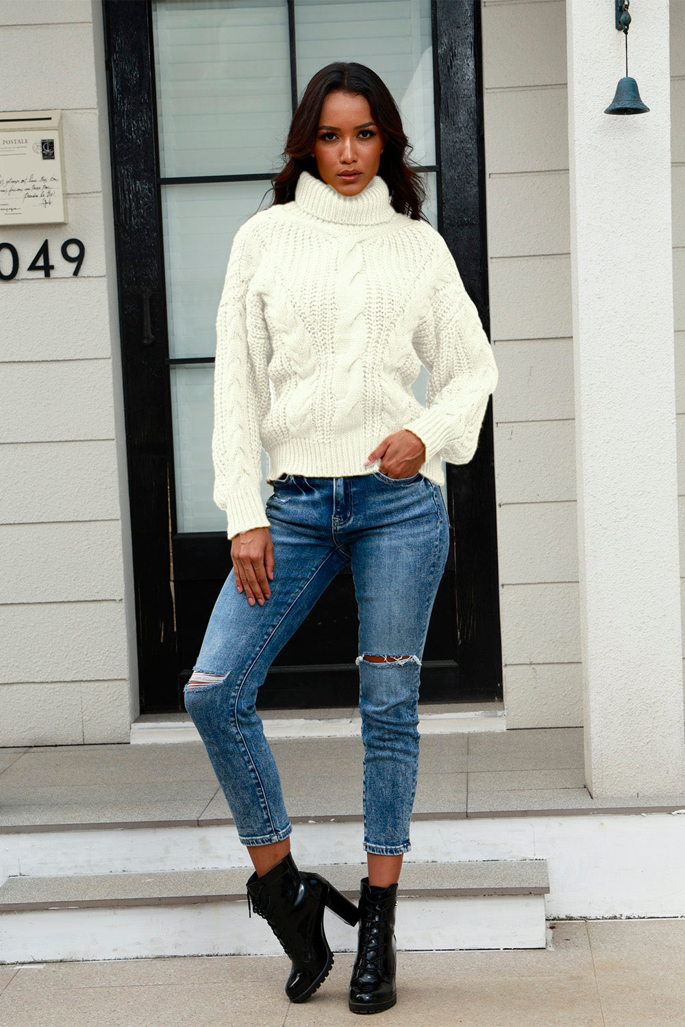 Cable-Knit Turtleneck Long Sleeve Sweater - Tantalize Boutique