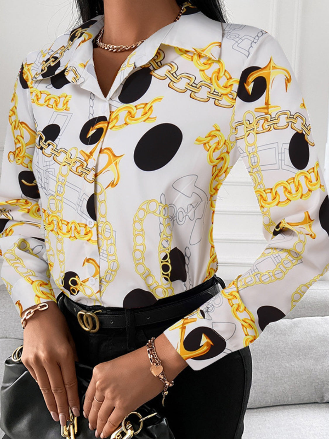Printed Collared Neck Long Sleeve Shirt - Tantalize Boutique