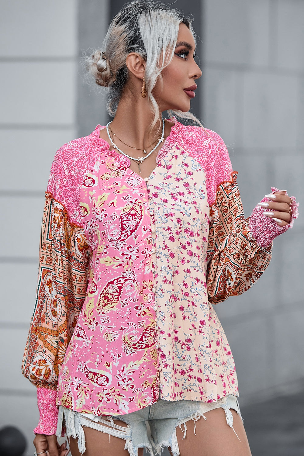Floral Printed Puff Sleeve V-Neck Shirt - Tantalize Boutique
