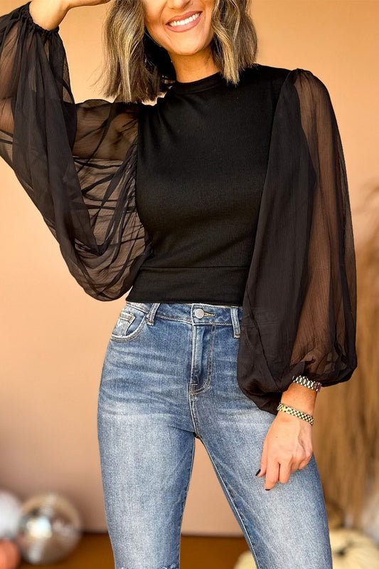 Mock Neck Balloon Sleeve Blouse - Tantalize Boutique