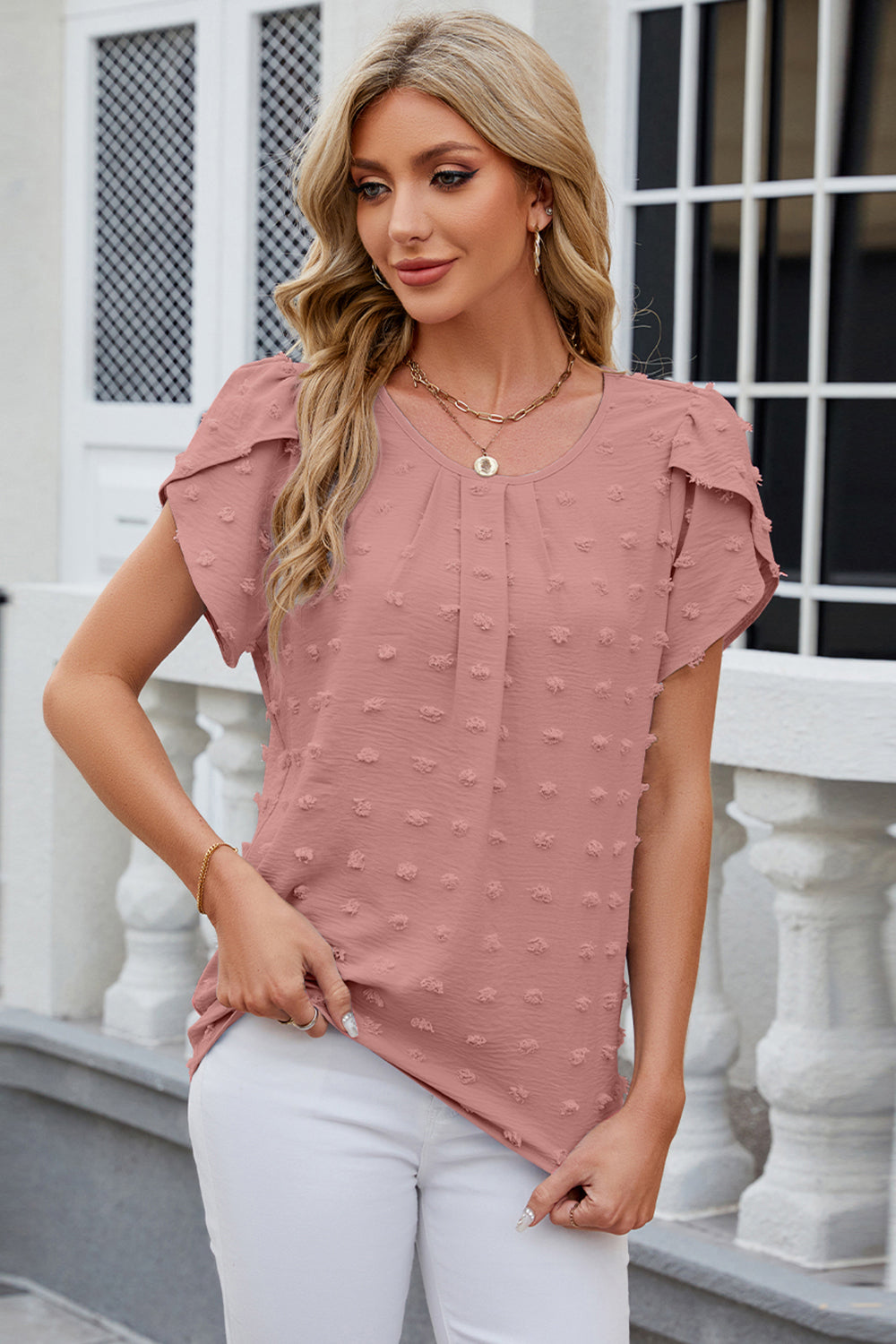 Swiss Dot Round Neck Short Sleeve T-Shirt - Tantalize Boutique