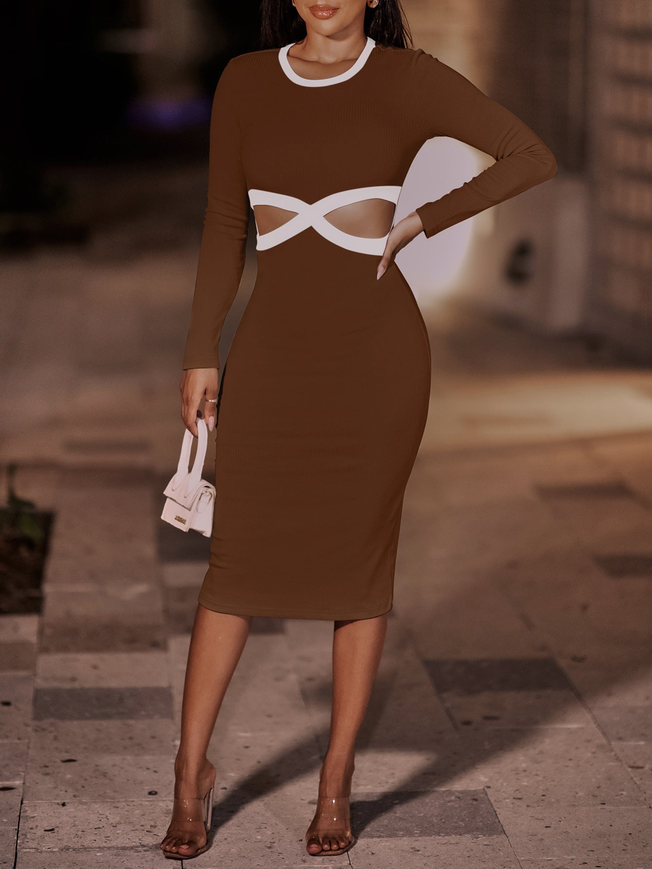 Contrast Cutout Ribbed Bodycon Dress - Tantalize Boutique